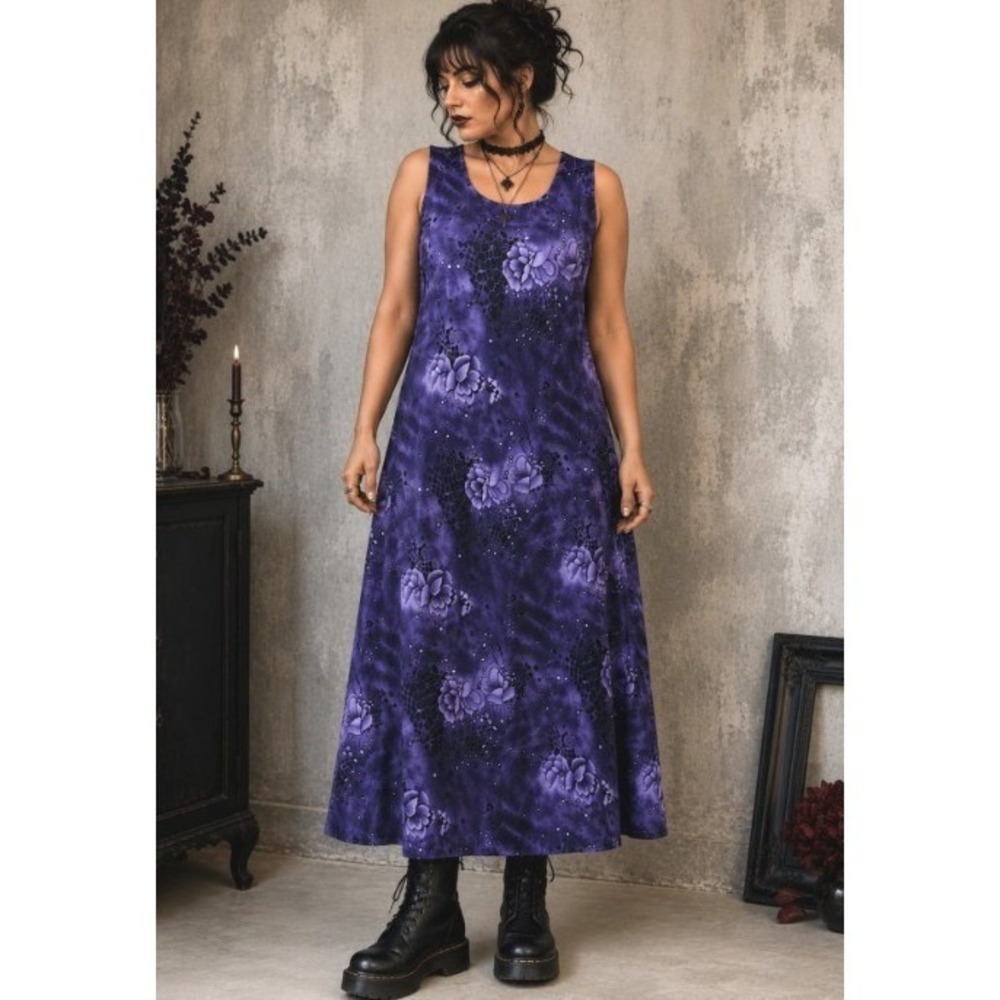 Vintage 90s DBY II Purple Floral Maxi Dress 14W Whimsigoth Boho Soft Grunge